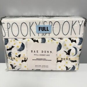New Rae Dunn Halloween 4pc Sheet Set Full Size SPOOKY Black Bats & Moons